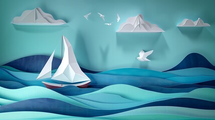 Wall Mural - A paper boat sails on the ocean with a flock of birds flying in the background. The scene is serene and peaceful, with the boat and birds representing freedom and adventure