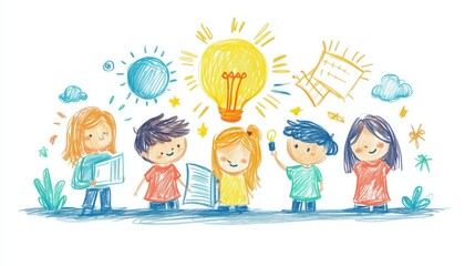 Children collaborating on a school project, creative teamwork, hand-drawn style, pastel colors, isolated on white background. Copy space for text, No logo, No Trademark, No text