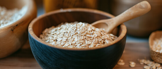 Wall Mural - Close-up of a wooden bowl filled with rolled oats, with a spoon, showcasing a healthy, natural breakfast option. Perfect for concepts of nutrition, wholesome food, and clean eating.