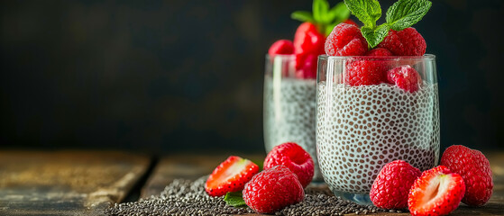 two glasses of chia pudding with fresh raspberries and mint leaves on a wooden table, surrounded by 