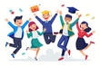 © VectorVibe - Joyful Students Leaping Against a Clean White Backdrop, Celebrating Success Together, Energetic and Vibrant Atmosphere.