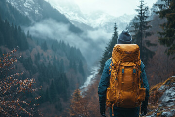 a person hiking in a scenic nature location, emphasizing sustainable and mindful travel practices.