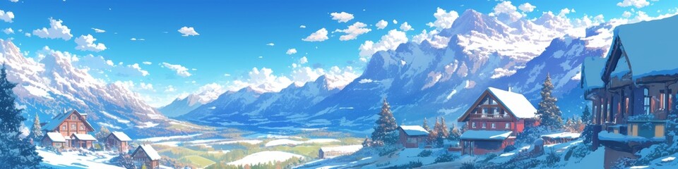 Enchanting Winter Wonderland: Serene Snowscape with Vibrant Red Buildings. Anime-Style 4K Scene Featuring Snow-Covered Mountains, Trees, and Crisp Blue Sky. Perfect for 2025 Winter Marketing, UI Desig