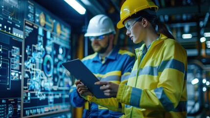 Male and Female Industrial Engineers Analyzing Data on Tablet in a Modern Production Facility