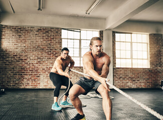 Poster - Man, friends and pulling rope for fitness as gym partners or bodybuilder with strength and determination. People, muscles and strong on training, workout and exercise for health and self care