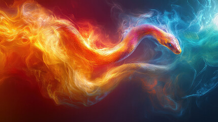 abstract representation of a snake entwined with fire, using bright, energetic colours to symbolise transformation and renewal 蛇