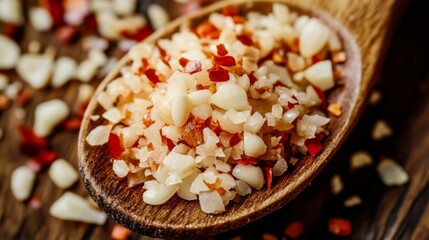 A close-up of minced garlic mixed with crushed red chili flakes on a wooden spoon, with the vibrant reds and whites creating a visually striking image.