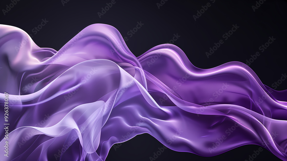 Abstract, wavy shapes in shades of purple and white on a black ...