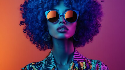 Wall Mural - A woman with a big afro hairstyle wears blue sunglasses and has a serious expression on her face. She is wearing a colorful patterned shirt. The background is a gradient of pink and orange.