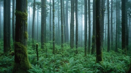 Canvas Print - Dense forest with tall, slender trees and a carpet of ferns, early morning mist