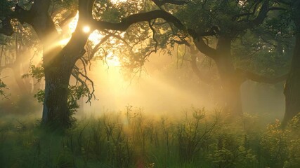 Wall Mural - Sunbeams piercing through fog in majestic forest