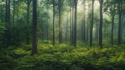 Canvas Print - Dense forest with tall, slender trees and a carpet of ferns, early morning mist