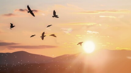 Wall Mural - Birds flying in the sky at sunset, isolated on a gradient orange and yellow background with a radial gradient from light to dark orange.