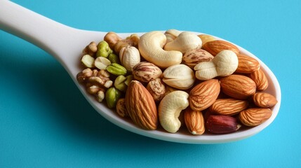 Wall Mural - Assorted Mixed Nuts in Colorful Bowl on Vibrant Background - Pistachios, Cashews, Walnuts, Hazelnuts, Peanuts, Brazil Nuts