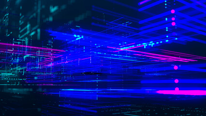Wall Mural - Data flow information. Digital communication concept. Blue futuristic flow. Abstract futuristic sci-fi background with particle and line mesh. Connection and connectivity concept. 3D rendering.