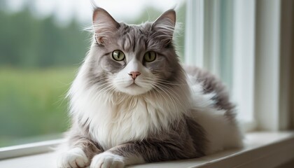 A fluffy American Curl cat with vivid green eyes relaxes by a window, perfectly framed by natural light, exuding elegance and tranquility in a peaceful indoor setting