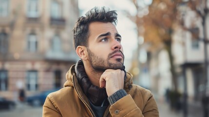 A young man with a beard and a brown jacket looks thoughtfully off-camera.