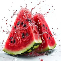 Watermelon slices with water splash isolated on white background, food and fruit concept