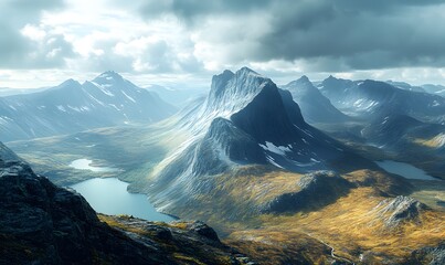 Wall Mural - Majestic Mountain Range with a Serpentine Lake Under a Cloudy Sky