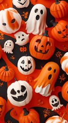 Funny Halloween ghosts and pumpkins, dark background, wallpaper