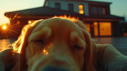 Canvas Print - A dog is laying on the ground in front of a house. The dog is brown and he is sleeping