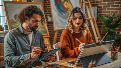 Poster - man and woman artists drawing on notebook using