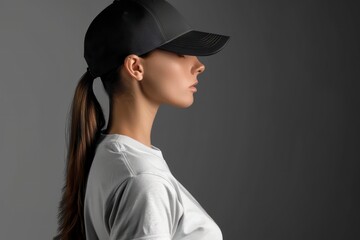 A blank black baseball cap mockup template is worn on a woman's head, shown in profile, perfect for design or promotional purposes.