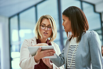 Poster - Business people, women and tablet with internet, teamwork and distracted with glitch, network and app. Employees, supervisor and agent with tech, looking away and upset with boredom and meeting