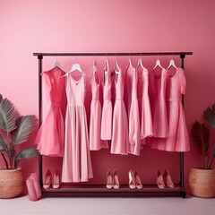 pink trendy closet, bright fashion clothes on pink wall background. many pink dresses hanging on the