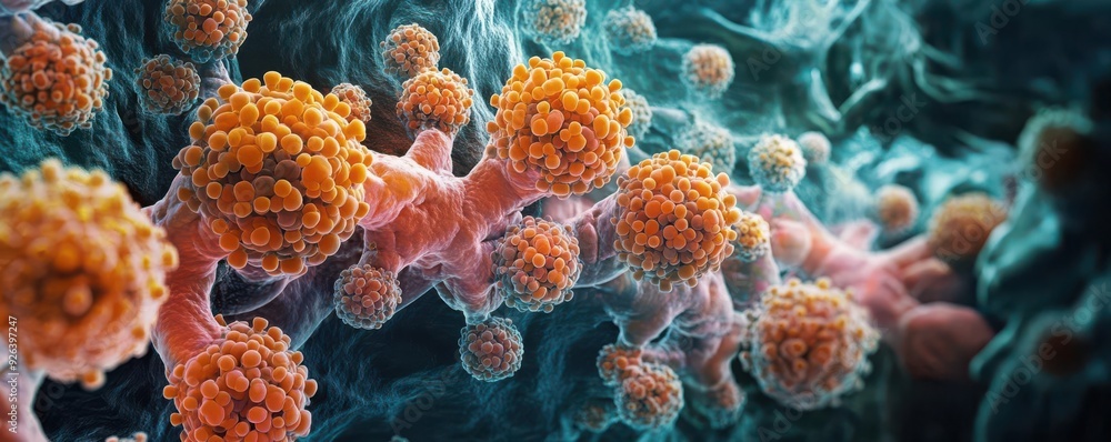 Abstract art depicting a battle between lung cancer cells and radiation ...