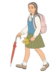 Wall Mural - schoolgirl in school uniform with umbrella and  backpack