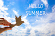 © Dzmitry - Hello summer symbol. Concept words Hello summer on beautiful sky. Beautiful blue sky cloud background. Businessman hand with wooden bird. Business lifestyle Hello summer concept. Copy space.
