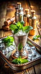 Mint julep cocktail in a silver cup with ice and fresh mint on a wooden tray with bar tools in the background