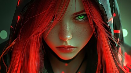 Sticker - Anime girl character with long red hair wearing a hood in a modern cyberpunk style background wallpaper AI generated image