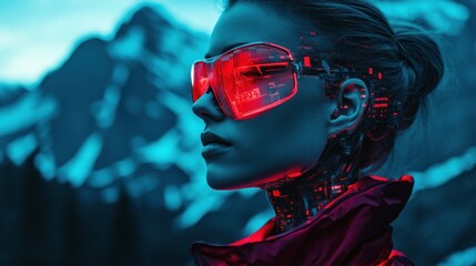 Wall Mural - Cyberpunk technology hybrid cyborg woman hi-tech innovation with an mountain background wallpaper AI generated image