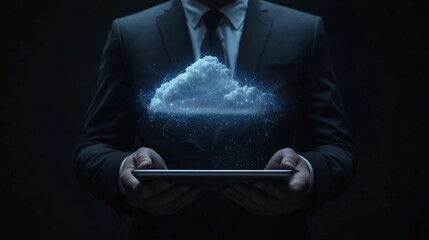 Poster - Exec in suit on dark backdrop leverages tablet with virtual projections for business, people, cloud computing, and modern tech.