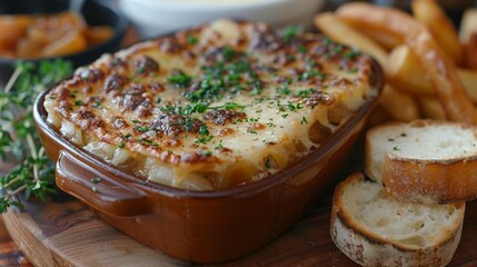 Poster - Zoom in on a plate of classic French onion soup, featuring caramelized onions, rich beef broth, and a bubbling layer