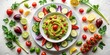 © DigitalArt Max - Vibrant colorful overhead shot of guacamole ingredients arranged in symmetrical pattern on white porcelain plate against bright and airy studio background