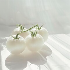 Crystal white tomatoes sit elegantly against a pristine white background, showcasing their unique color and smooth texture, perfect for culinary presentations and healthy dishes.