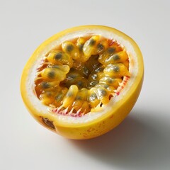 The passion fruit is isolated, showcasing its fresh, juicy texture and vibrant red color, with a soft light highlighting its natural sweetness.