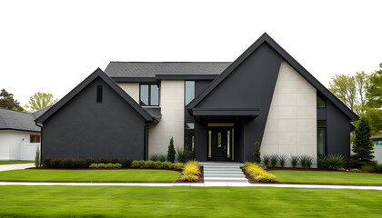 Wall Mural - sleek, minimal luxury suburban home with a sharp geometric facade, contrasting dark and light panels, surrounded by manicured lawns isolated with white highlights, png