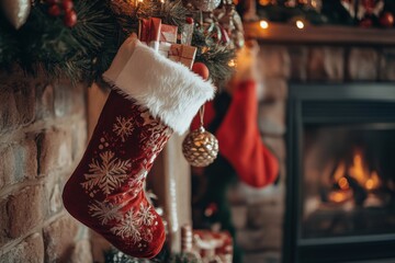 Artistic close-up of a festive Christmas stocking hanging by a cozy fireplace adorned with holiday decorations