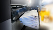 © JOE LORENZ DESIGN - An enveloping machine at the lettershop prepares and processes letters and mailings for the post office or print shop. Print sorted with spine. Lettershop or bookbinder manufacture.