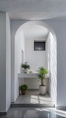 Poster - Minimalist hallway with plants and soft natural light.