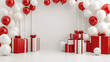 © hugy - Christmas Stage Background Podium in 3D for Product Sale, Featuring Winter Display and New Year Banner. White and Red Holiday Stand, Minimal Studio Render Scene for Happy Presents