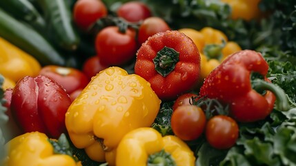 Canvas Print - A close-up of fresh, colorful bell peppers and tomatoes with water droplets on them, suggesting a bountiful harvest.