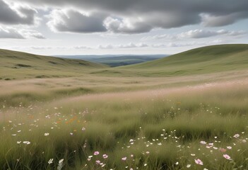 A grassy meadow with wildflowers in the foreground, surrounded by rolling green hills and a blue sky with fluffy white clouds