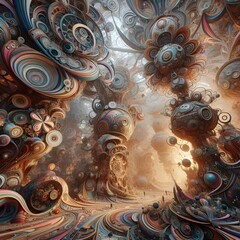 A surreal, abstract artwork with swirling patterns and shapes.