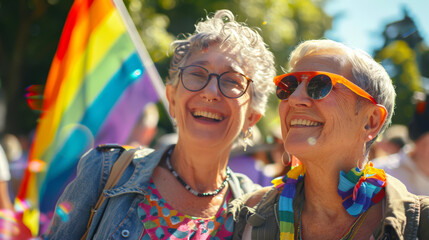 A cheerful elderly lesbian couple is having fun at the gay pride parade. Two old happy women are smiling against the background of a rainbow flag