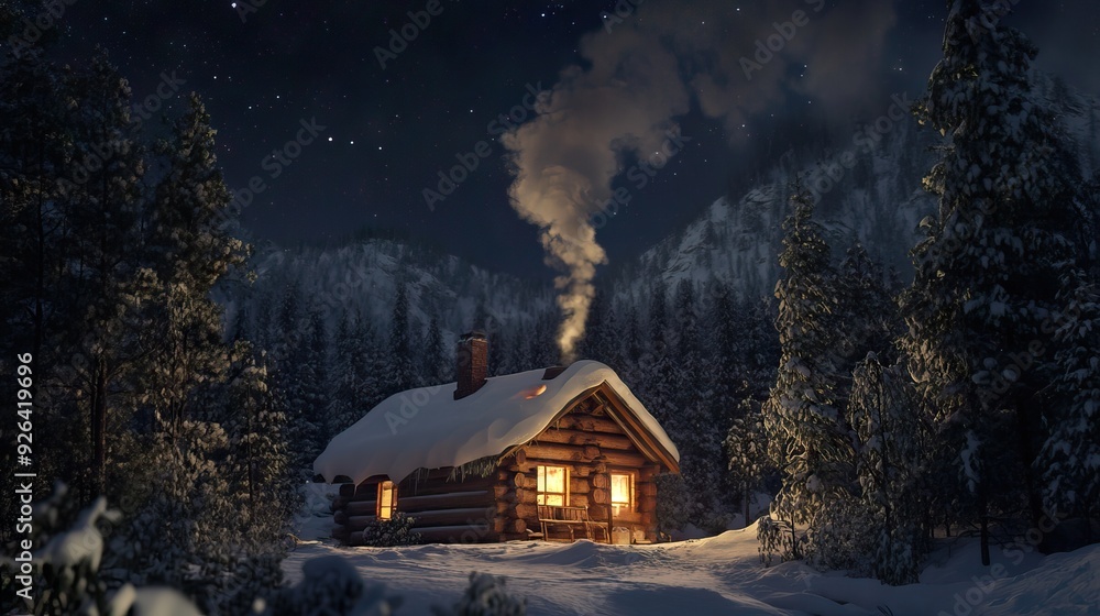 Snow-Covered Cabin in a Remote Forest at Night with Warm Light Glowing ...